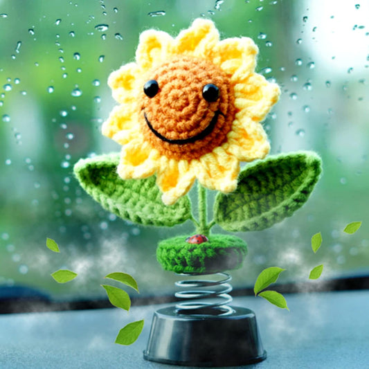 Sunflower Car Accessories Dashboard Decorations, Crochet Smiley Shaking Sun Flowers Bobblehead Cars Decor for Women, for Cute Girl Interior Desk Ornaments Gifts (H 5.2 in)