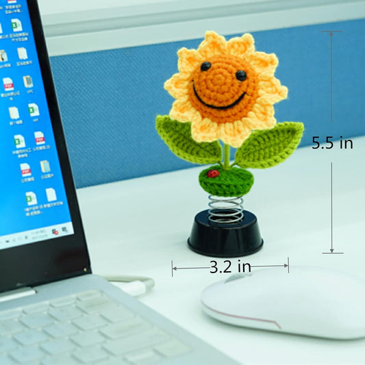 Sunflower Car Accessories Dashboard Decorations, Crochet Smiley Shaking Sun Flowers Bobblehead Cars Decor for Women, for Cute Girl Interior Desk Ornaments Gifts (H 5.2 in)