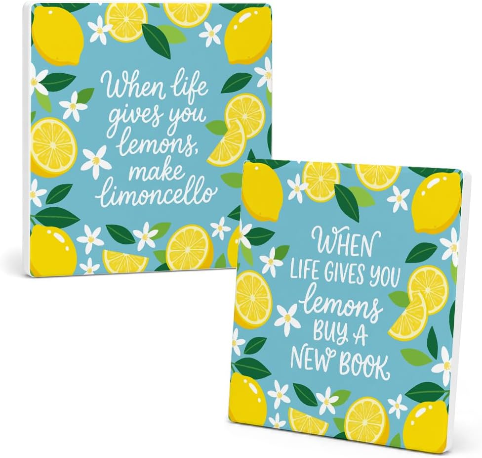 2 Pcs When Life Gives You Lemons, Make Limoncello Ceramic Coasters, Inspirational Lemon Ceramic Mat Gifts for Women Lemon Lovers, Summer Home Decor Gifts for Farmhouse Kitchen Bar Desk