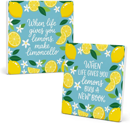 2 Pcs When Life Gives You Lemons, Make Limoncello Ceramic Coasters, Inspirational Lemon Ceramic Mat Gifts for Women Lemon Lovers, Summer Home Decor Gifts for Farmhouse Kitchen Bar Desk