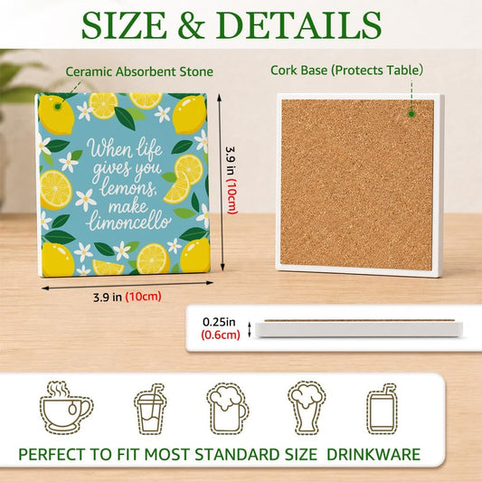 2 Pcs When Life Gives You Lemons, Make Limoncello Ceramic Coasters, Inspirational Lemon Ceramic Mat Gifts for Women Lemon Lovers, Summer Home Decor Gifts for Farmhouse Kitchen Bar Desk