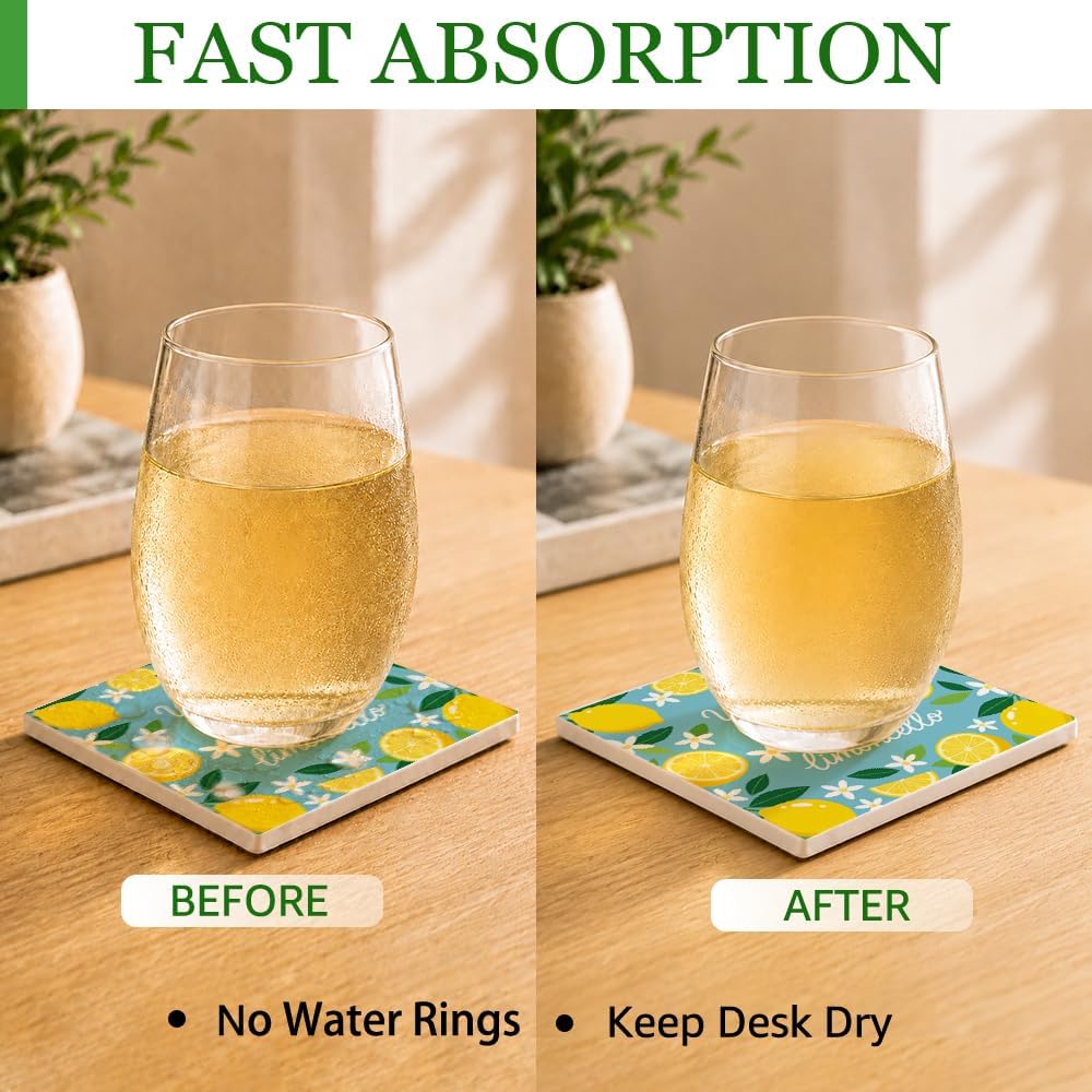 2 Pcs When Life Gives You Lemons, Make Limoncello Ceramic Coasters, Inspirational Lemon Ceramic Mat Gifts for Women Lemon Lovers, Summer Home Decor Gifts for Farmhouse Kitchen Bar Desk