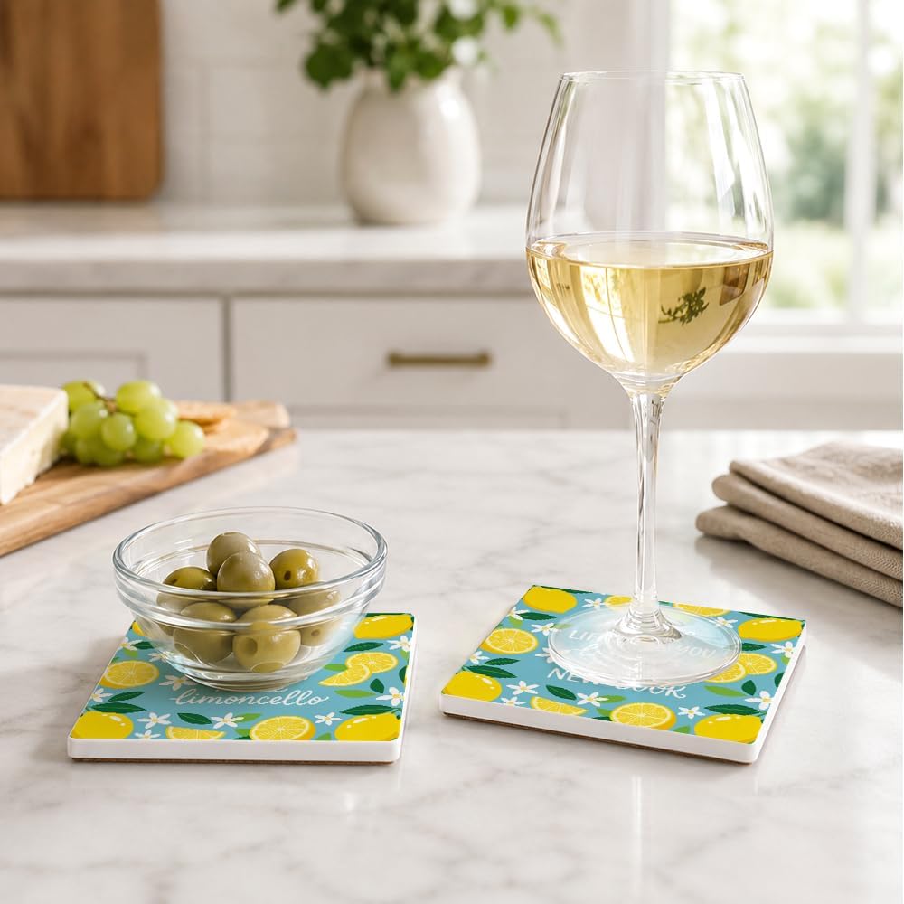 2 Pcs When Life Gives You Lemons, Make Limoncello Ceramic Coasters, Inspirational Lemon Ceramic Mat Gifts for Women Lemon Lovers, Summer Home Decor Gifts for Farmhouse Kitchen Bar Desk