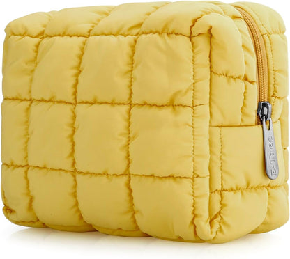 Cute Makeup Bag,Quilted Cosmetic Bag,Make up Pouch for Purse,Toiletry Zipper Pouch,Checkered Bag,Travel Case,Storage Pouches for Organization (Yellow)