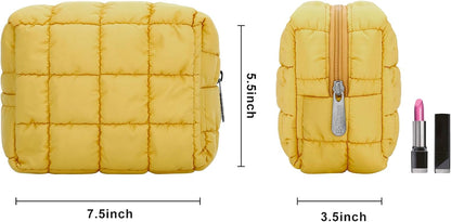 Cute Makeup Bag,Quilted Cosmetic Bag,Make up Pouch for Purse,Toiletry Zipper Pouch,Checkered Bag,Travel Case,Storage Pouches for Organization (Yellow)