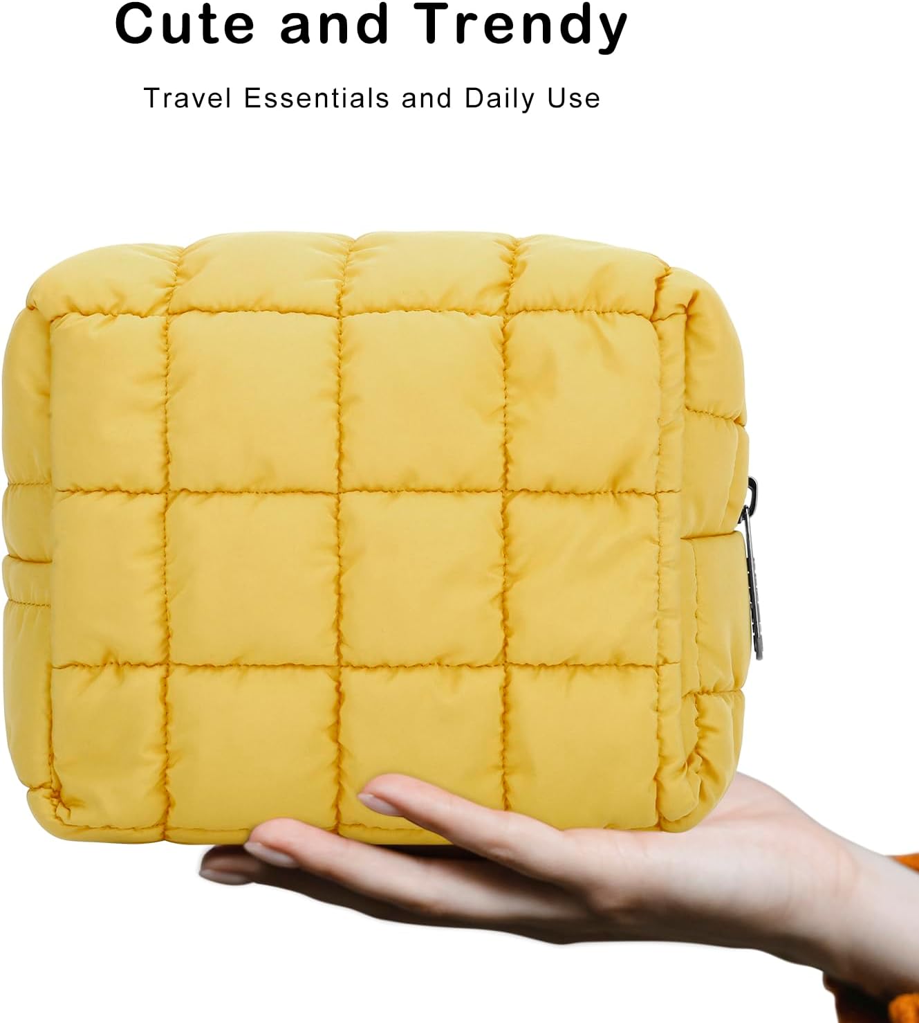 Cute Makeup Bag,Quilted Cosmetic Bag,Make up Pouch for Purse,Toiletry Zipper Pouch,Checkered Bag,Travel Case,Storage Pouches for Organization (Yellow)