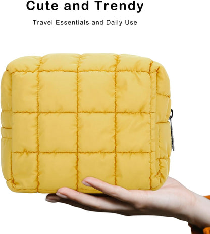 Cute Makeup Bag,Quilted Cosmetic Bag,Make up Pouch for Purse,Toiletry Zipper Pouch,Checkered Bag,Travel Case,Storage Pouches for Organization (Yellow)