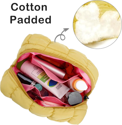 Cute Makeup Bag,Quilted Cosmetic Bag,Make up Pouch for Purse,Toiletry Zipper Pouch,Checkered Bag,Travel Case,Storage Pouches for Organization (Yellow)