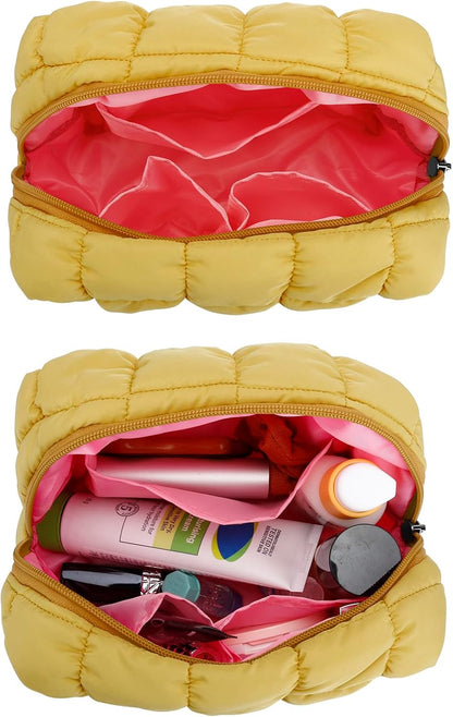 Cute Makeup Bag,Quilted Cosmetic Bag,Make up Pouch for Purse,Toiletry Zipper Pouch,Checkered Bag,Travel Case,Storage Pouches for Organization (Yellow)
