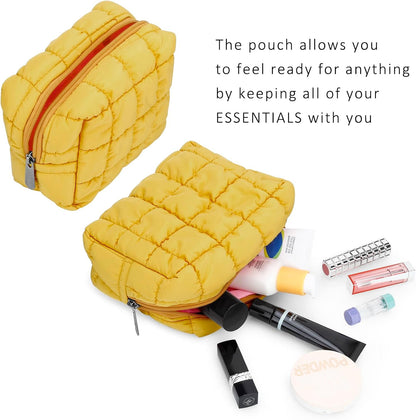 Cute Makeup Bag,Quilted Cosmetic Bag,Make up Pouch for Purse,Toiletry Zipper Pouch,Checkered Bag,Travel Case,Storage Pouches for Organization (Yellow)