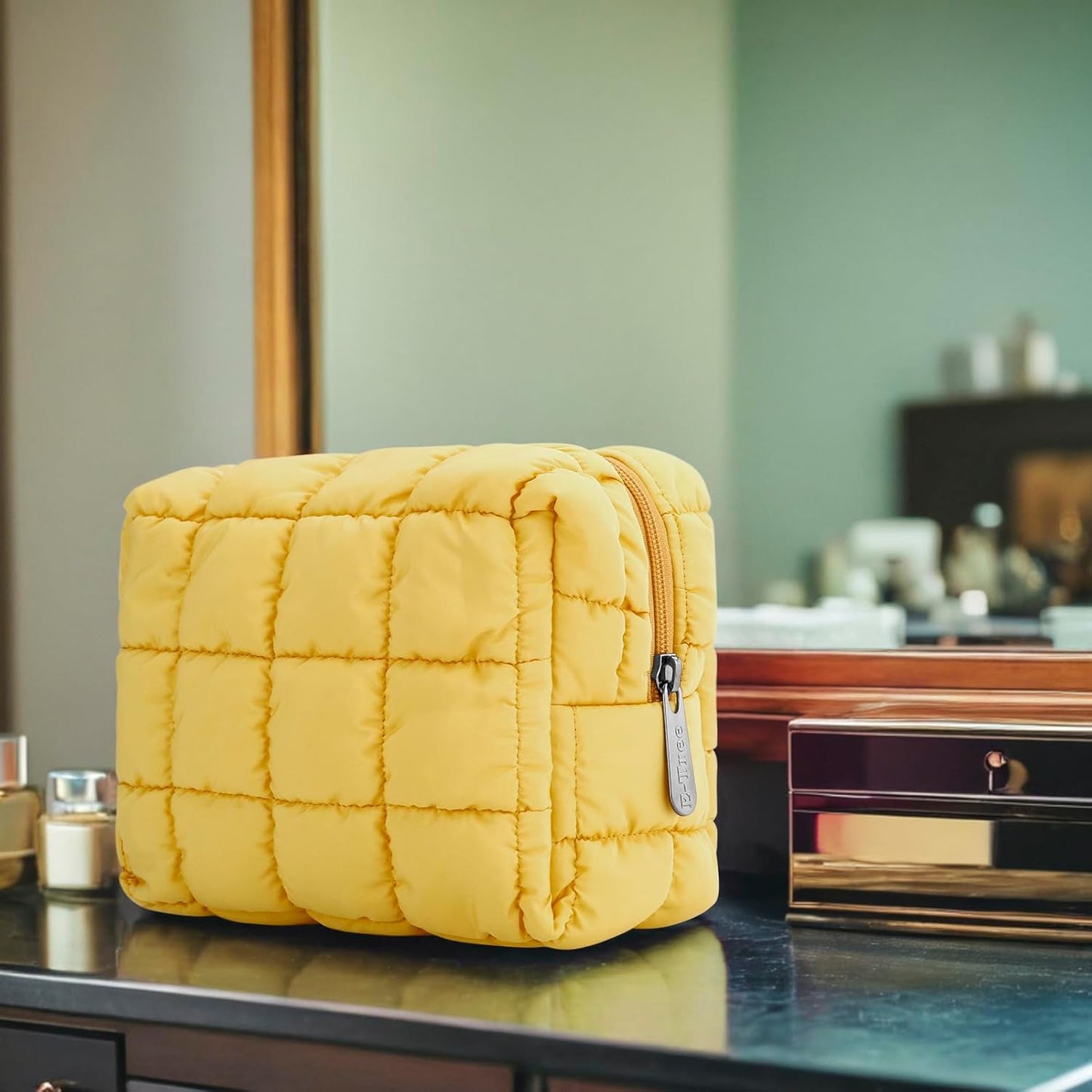 Cute Makeup Bag,Quilted Cosmetic Bag,Make up Pouch for Purse,Toiletry Zipper Pouch,Checkered Bag,Travel Case,Storage Pouches for Organization (Yellow)