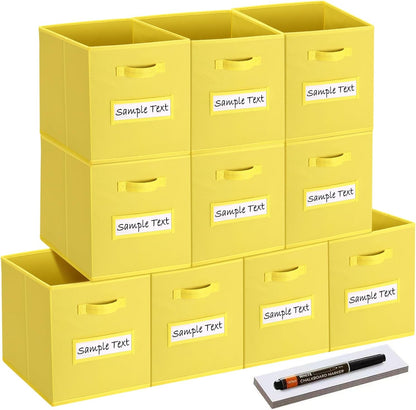 11x11 storage cube bins (Set of 10) Foldable Fabric storage cubes with 10 Labels Window Cards & a Pen,11 inch cube storage bin,Closet Organizers for Shelves,Cubby Organizer Boxes,Dark Yellow