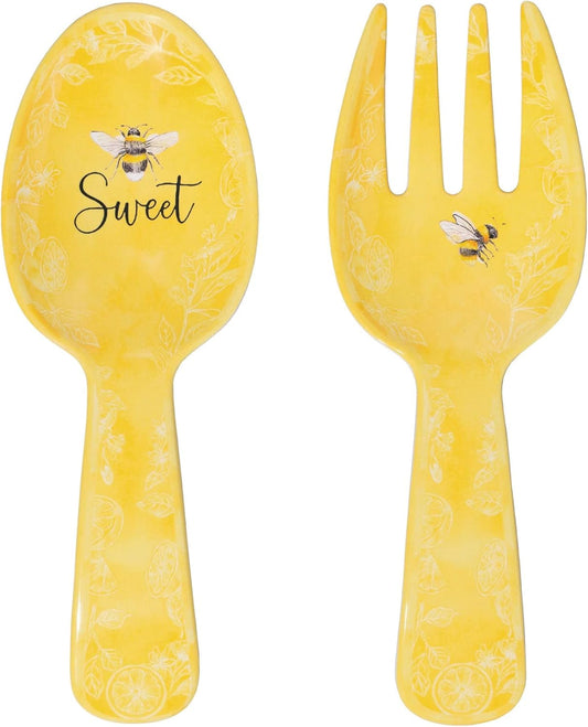 Sweet Bee Melamine Salad Servers, Serving Utensil Set, Includes Serving Fork and Spoon for Tossing Salad, Pasta, Yellow, 10.75 Inch, Set of 2