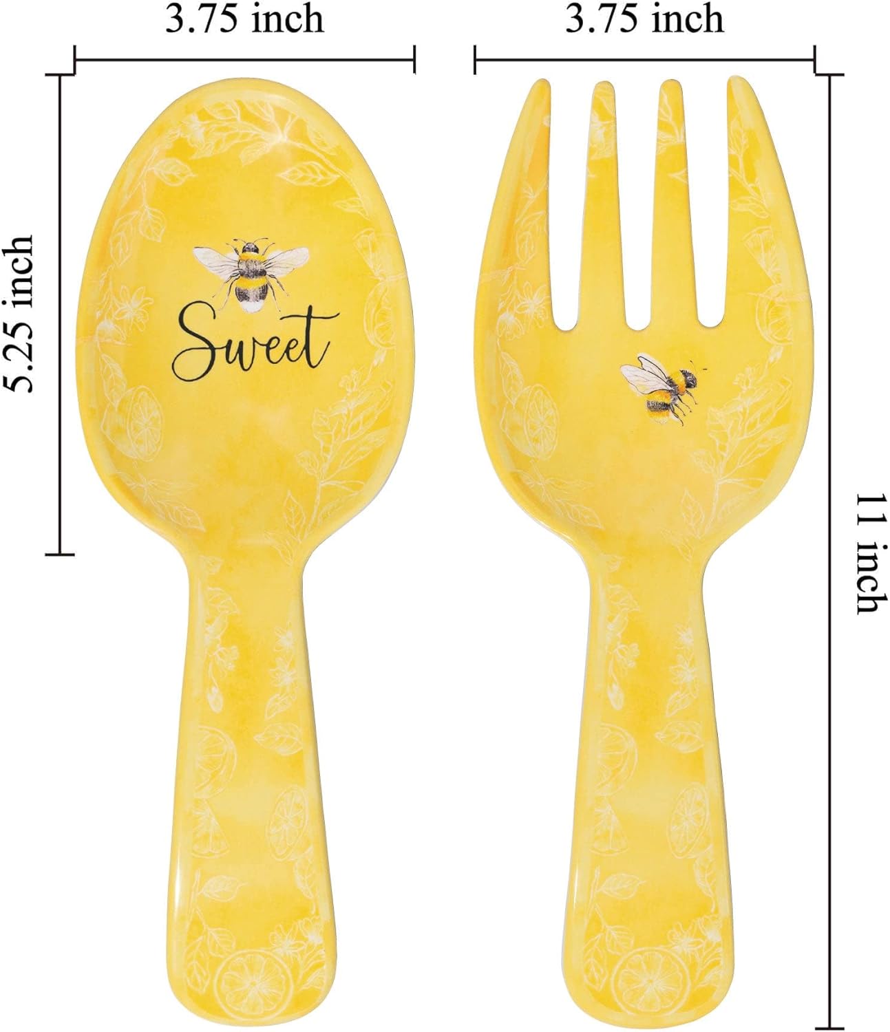 Sweet Bee Melamine Salad Servers, Serving Utensil Set, Includes Serving Fork and Spoon for Tossing Salad, Pasta, Yellow, 10.75 Inch, Set of 2