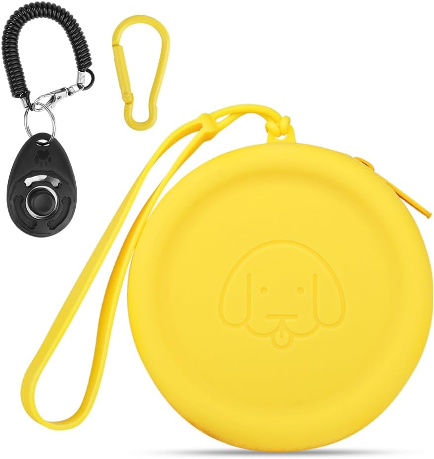 Silicone Dog Treat Pouch Small Bag,with Pet Training Clicker,Walking Bag for Dog and Cat, Pocket Size, Easy to Clean, Odorless, Zipper Design,Moisture-Proof,Travel Walking Bag.(Yellow)