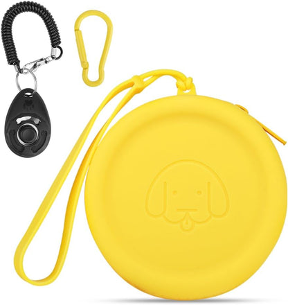 Silicone Dog Treat Pouch Small Bag,with Pet Training Clicker,Walking Bag for Dog and Cat, Pocket Size, Easy to Clean, Odorless, Zipper Design,Moisture-Proof,Travel Walking Bag.(Yellow)