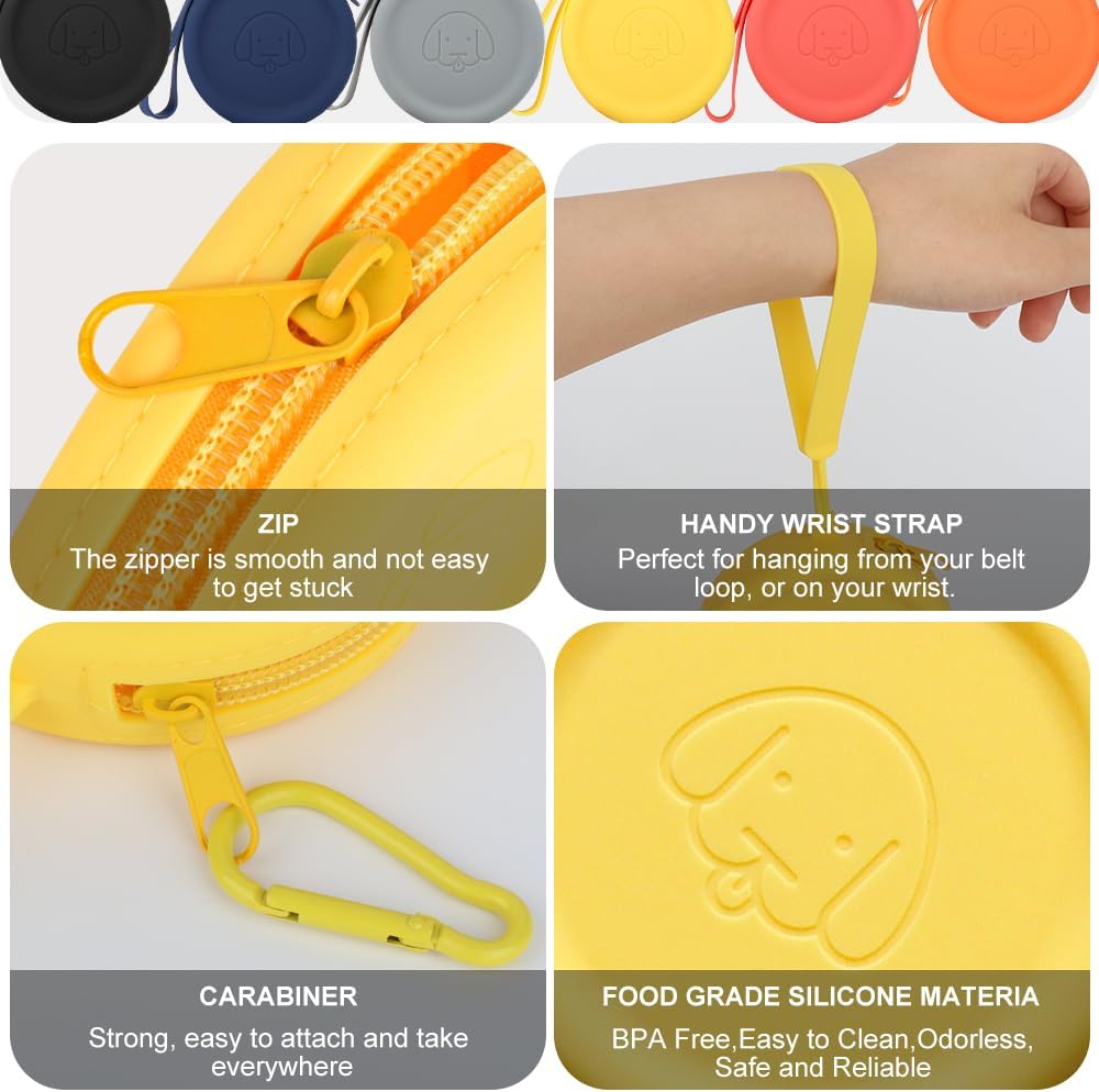 Silicone Dog Treat Pouch Small Bag,with Pet Training Clicker,Walking Bag for Dog and Cat, Pocket Size, Easy to Clean, Odorless, Zipper Design,Moisture-Proof,Travel Walking Bag.(Yellow)