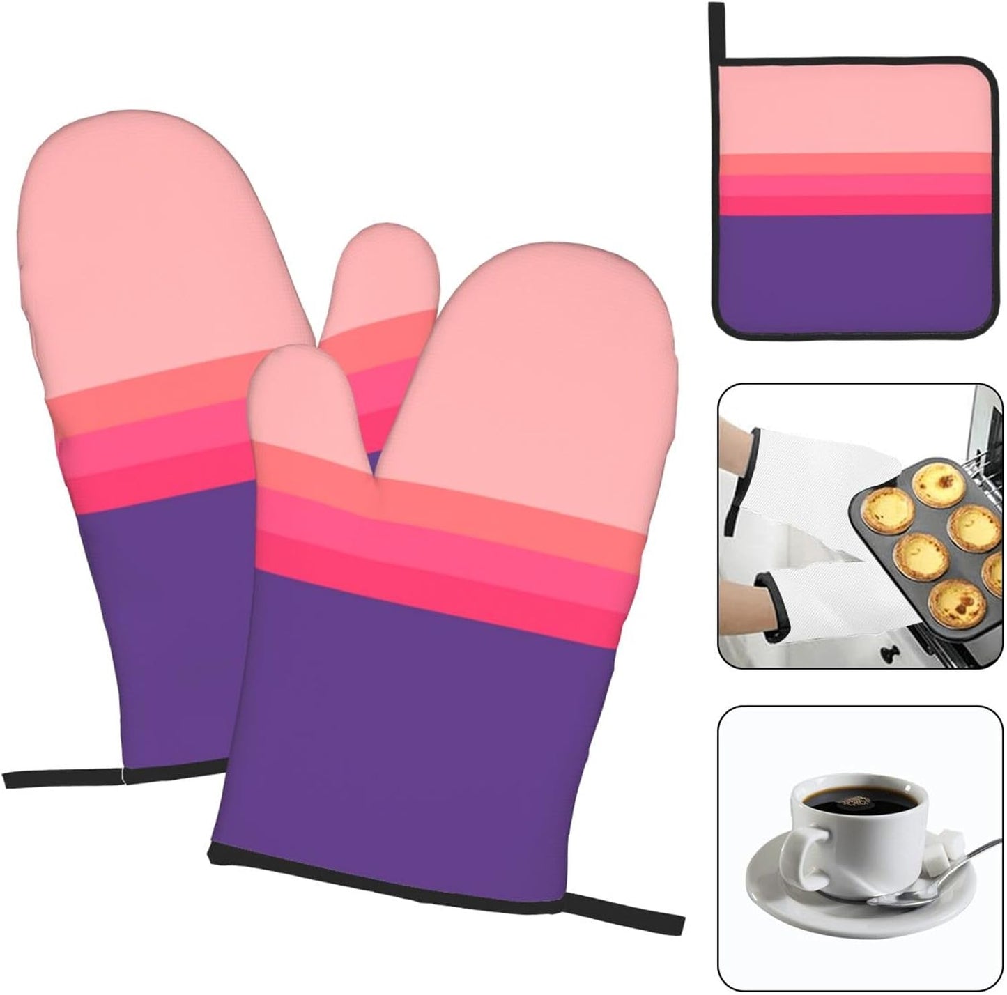 3Pcs Oven Mitts and Potholders, Light Yellow Dark Orange Stripe Oven Mitts Gloves Set Heat Resistant Hot Pads for Kitchen Cooking Grill