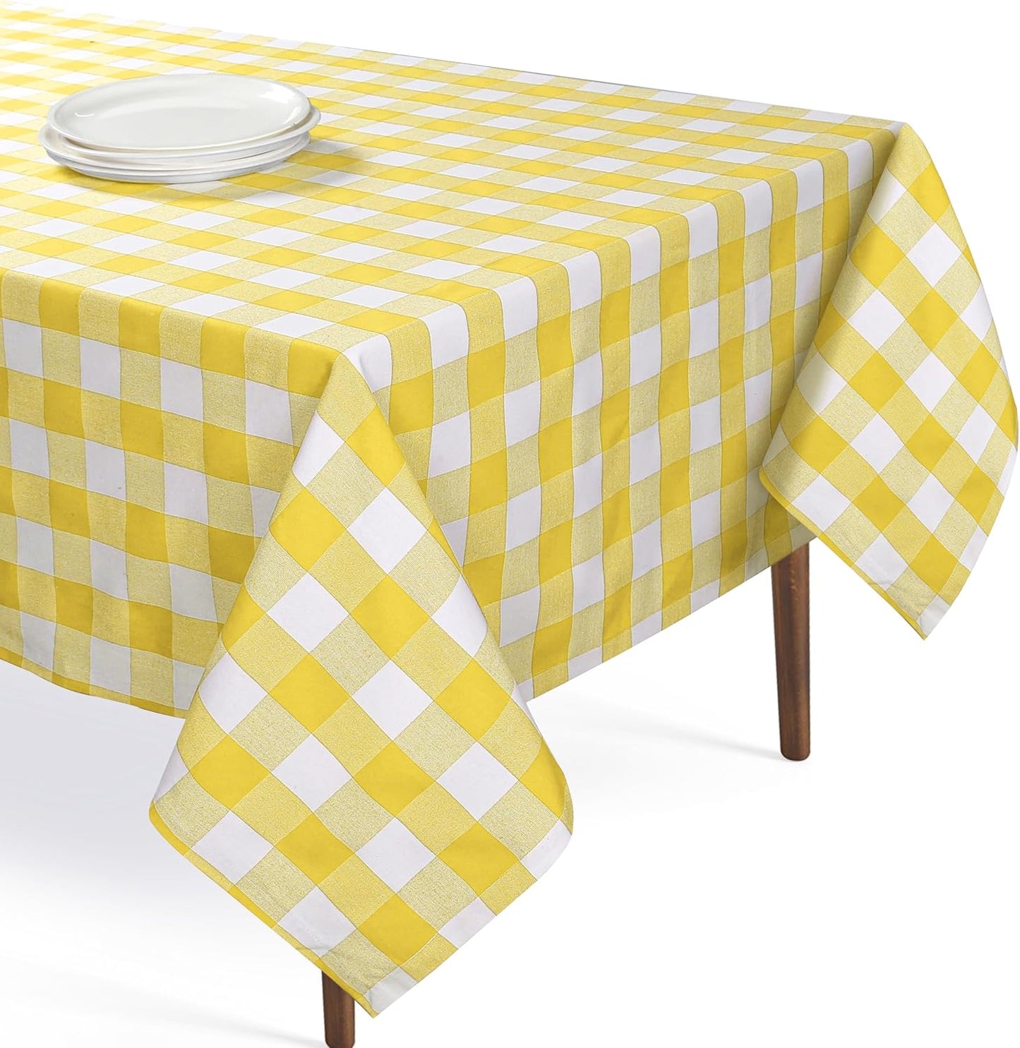 Lemon Yellow and White Buffalo Check Tablecloth, 60x102 Inches, Plaid Dining Table Cover, 100% Cotton, Washable, Reusable Table Linen for Holiday Gatherings, Wedding, Everyday Décor