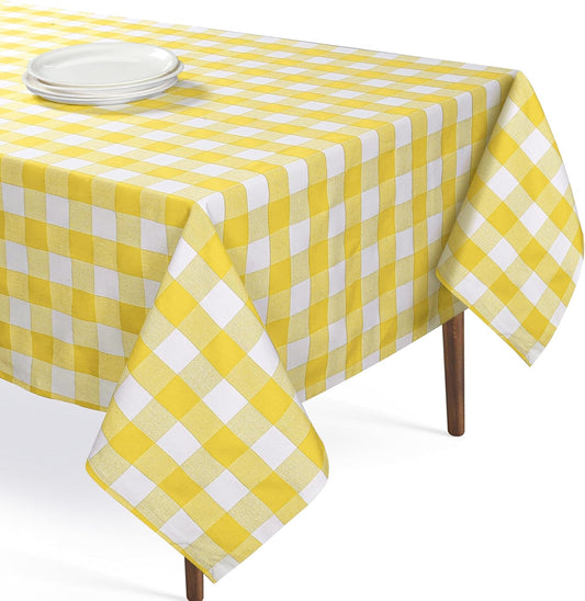 Lemon Yellow and White Buffalo Check Tablecloth, 60x102 Inches, Plaid Dining Table Cover, 100% Cotton, Washable, Reusable Table Linen for Holiday Gatherings, Wedding, Everyday Décor