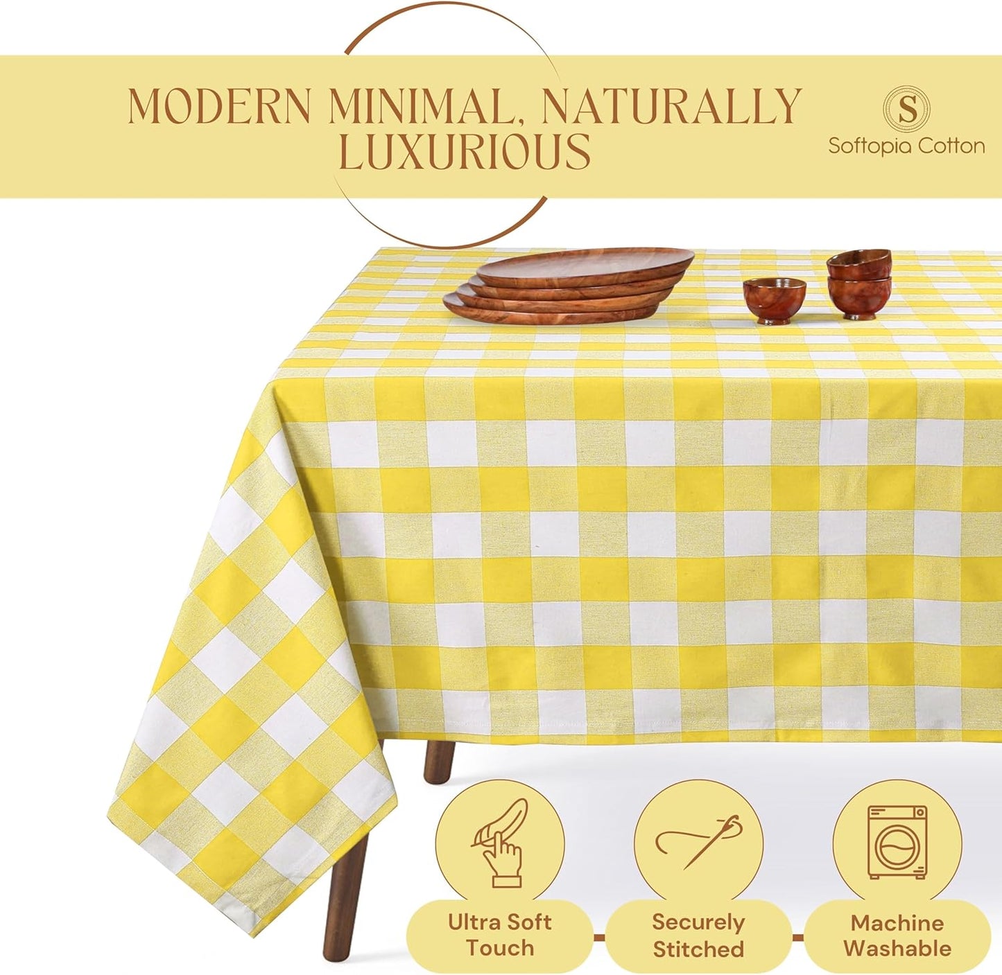 Lemon Yellow and White Buffalo Check Tablecloth, 60x102 Inches, Plaid Dining Table Cover, 100% Cotton, Washable, Reusable Table Linen for Holiday Gatherings, Wedding, Everyday Décor