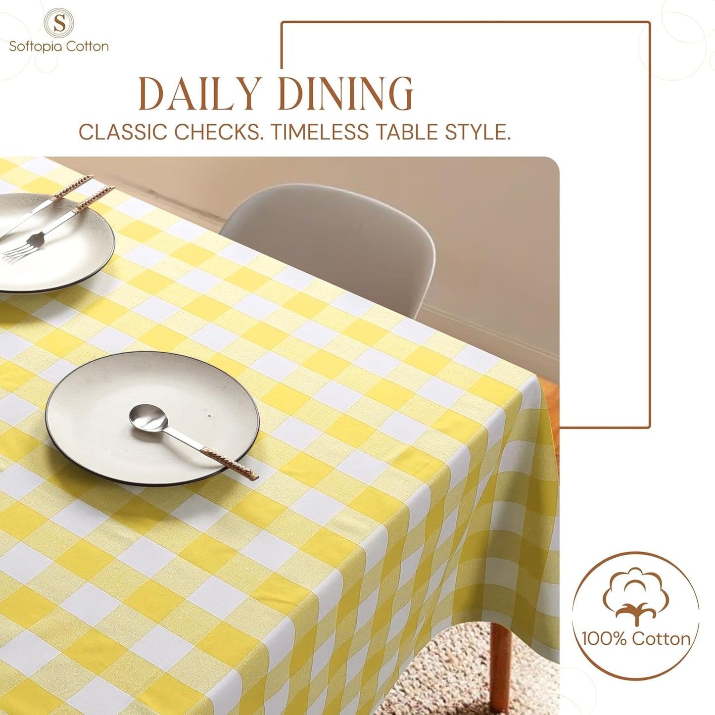 Lemon Yellow and White Buffalo Check Tablecloth, 60x102 Inches, Plaid Dining Table Cover, 100% Cotton, Washable, Reusable Table Linen for Holiday Gatherings, Wedding, Everyday Décor