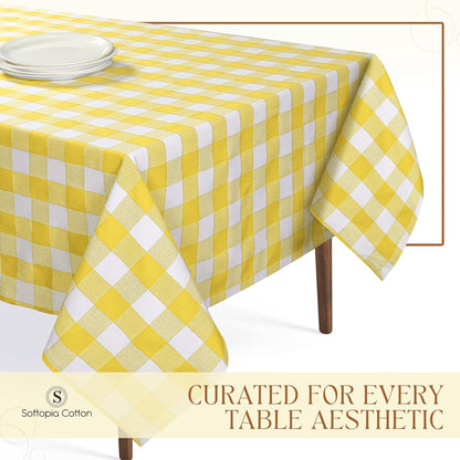 Lemon Yellow and White Buffalo Check Tablecloth, 60x102 Inches, Plaid Dining Table Cover, 100% Cotton, Washable, Reusable Table Linen for Holiday Gatherings, Wedding, Everyday Décor