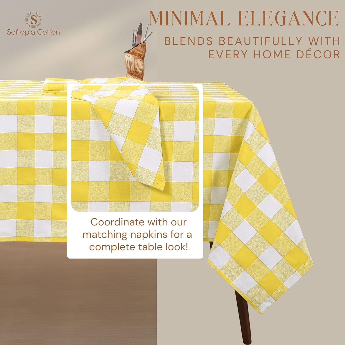 Lemon Yellow and White Buffalo Check Tablecloth, 60x102 Inches, Plaid Dining Table Cover, 100% Cotton, Washable, Reusable Table Linen for Holiday Gatherings, Wedding, Everyday Décor