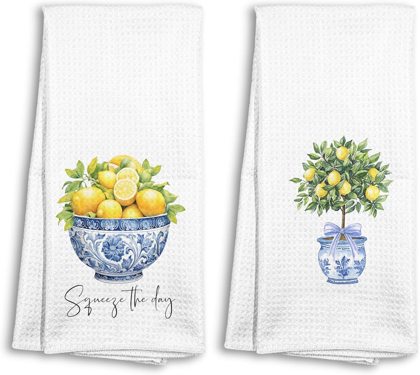 Chinoiserie Lemon Kitchen Towels Set of 2, Grandmillennial Lemon Tree Blue and White Dish Tea Towels for Kitchen Decor, Mediterranean Fruit Decorative Hand Towel for Bathroom, 16x24 Inch