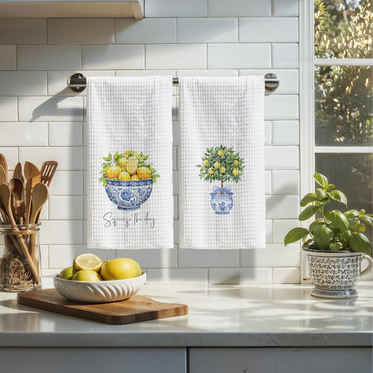 Chinoiserie Lemon Kitchen Towels Set of 2, Grandmillennial Lemon Tree Blue and White Dish Tea Towels for Kitchen Decor, Mediterranean Fruit Decorative Hand Towel for Bathroom, 16x24 Inch
