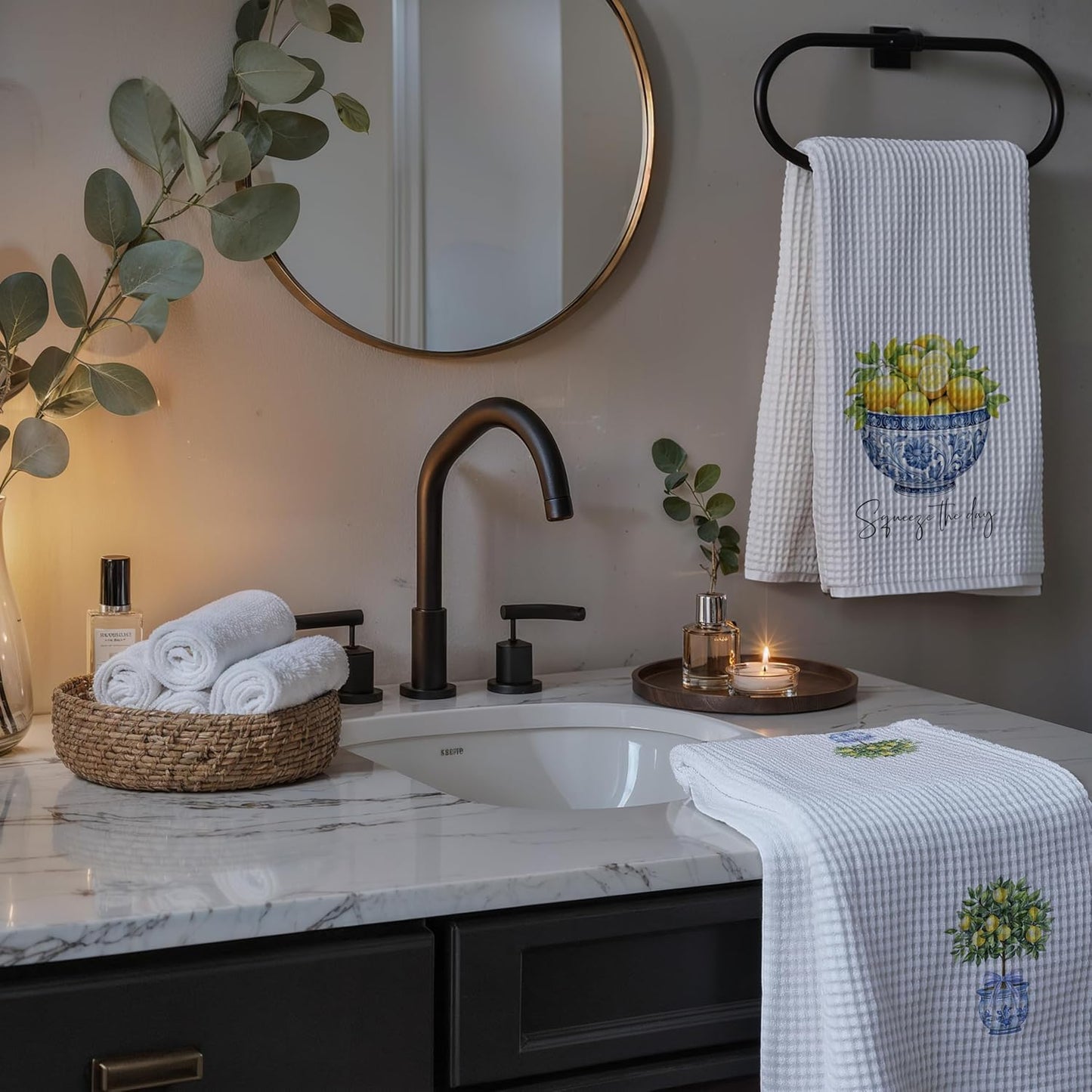Chinoiserie Lemon Kitchen Towels Set of 2, Grandmillennial Lemon Tree Blue and White Dish Tea Towels for Kitchen Decor, Mediterranean Fruit Decorative Hand Towel for Bathroom, 16x24 Inch