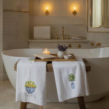 Chinoiserie Lemon Kitchen Towels Set of 2, Grandmillennial Lemon Tree Blue and White Dish Tea Towels for Kitchen Decor, Mediterranean Fruit Decorative Hand Towel for Bathroom, 16x24 Inch