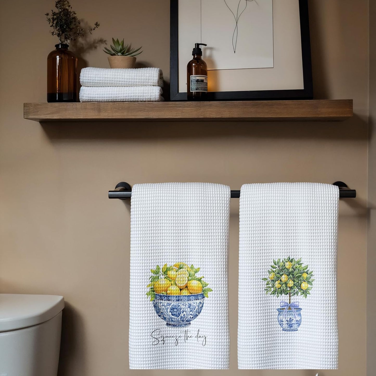 Chinoiserie Lemon Kitchen Towels Set of 2, Grandmillennial Lemon Tree Blue and White Dish Tea Towels for Kitchen Decor, Mediterranean Fruit Decorative Hand Towel for Bathroom, 16x24 Inch