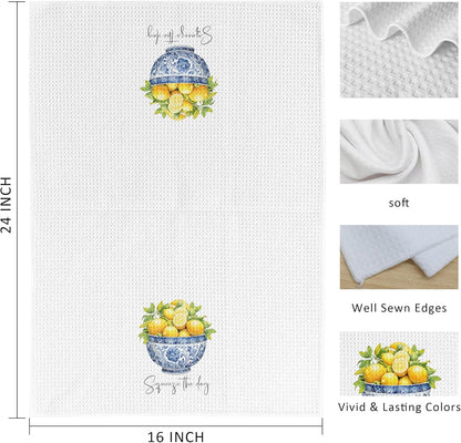 Chinoiserie Lemon Kitchen Towels Set of 2, Grandmillennial Lemon Tree Blue and White Dish Tea Towels for Kitchen Decor, Mediterranean Fruit Decorative Hand Towel for Bathroom, 16x24 Inch