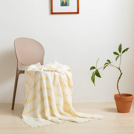 Yarn Dyed Striped Cotton Muslin Throw Blanket for Bed, Couch, Knit Woven Blanket with Tassels Soft Lightweight Cozy Pre-Washed Breathable Farmhouse Decoration for All-Season(Yellow)