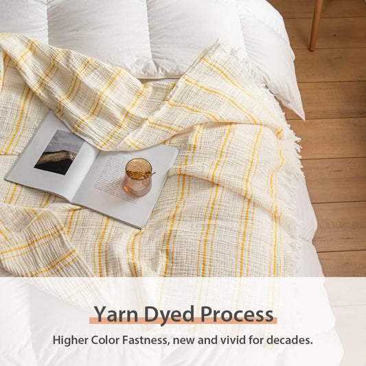 Yarn Dyed Striped Cotton Muslin Throw Blanket for Bed, Couch, Knit Woven Blanket with Tassels Soft Lightweight Cozy Pre-Washed Breathable Farmhouse Decoration for All-Season(Yellow)