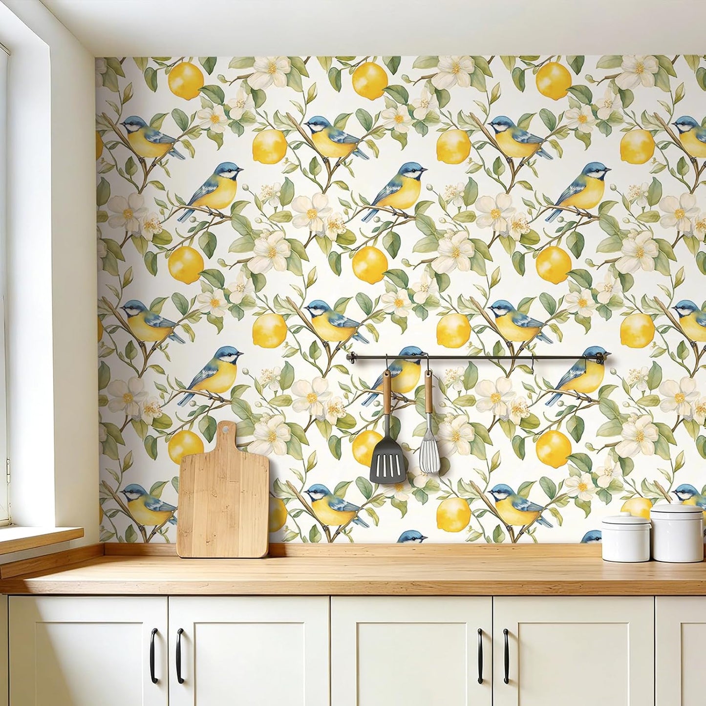 Lemon Wallpaper Peel and Stick Watercolor Yellow Citrus Floral Bird Self Adhesive Contact Paper for Cabinets Shelves Drawer Liner Pantry Coffee Bar Accent Space Easy Install 17.5in x 10ft
