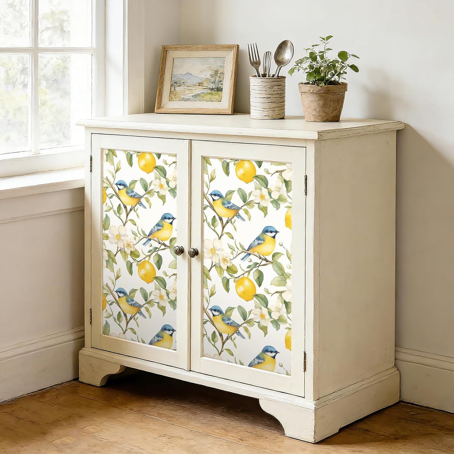 Lemon Wallpaper Peel and Stick Watercolor Yellow Citrus Floral Bird Self Adhesive Contact Paper for Cabinets Shelves Drawer Liner Pantry Coffee Bar Accent Space Easy Install 17.5in x 10ft