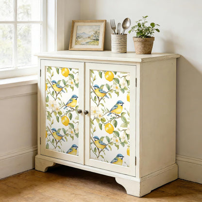 Lemon Wallpaper Peel and Stick Watercolor Yellow Citrus Floral Bird Self Adhesive Contact Paper for Cabinets Shelves Drawer Liner Pantry Coffee Bar Accent Space Easy Install 17.5in x 10ft