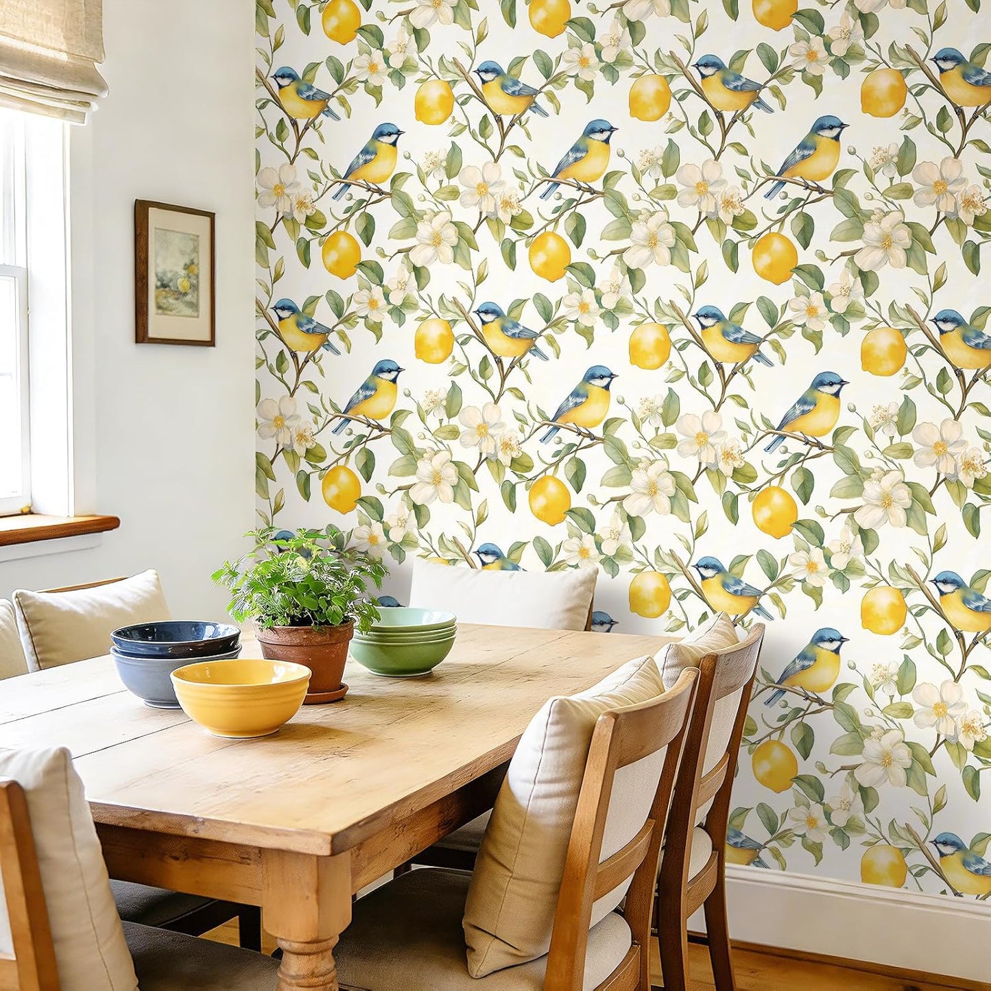 Lemon Wallpaper Peel and Stick Watercolor Yellow Citrus Floral Bird Self Adhesive Contact Paper for Cabinets Shelves Drawer Liner Pantry Coffee Bar Accent Space Easy Install 17.5in x 10ft