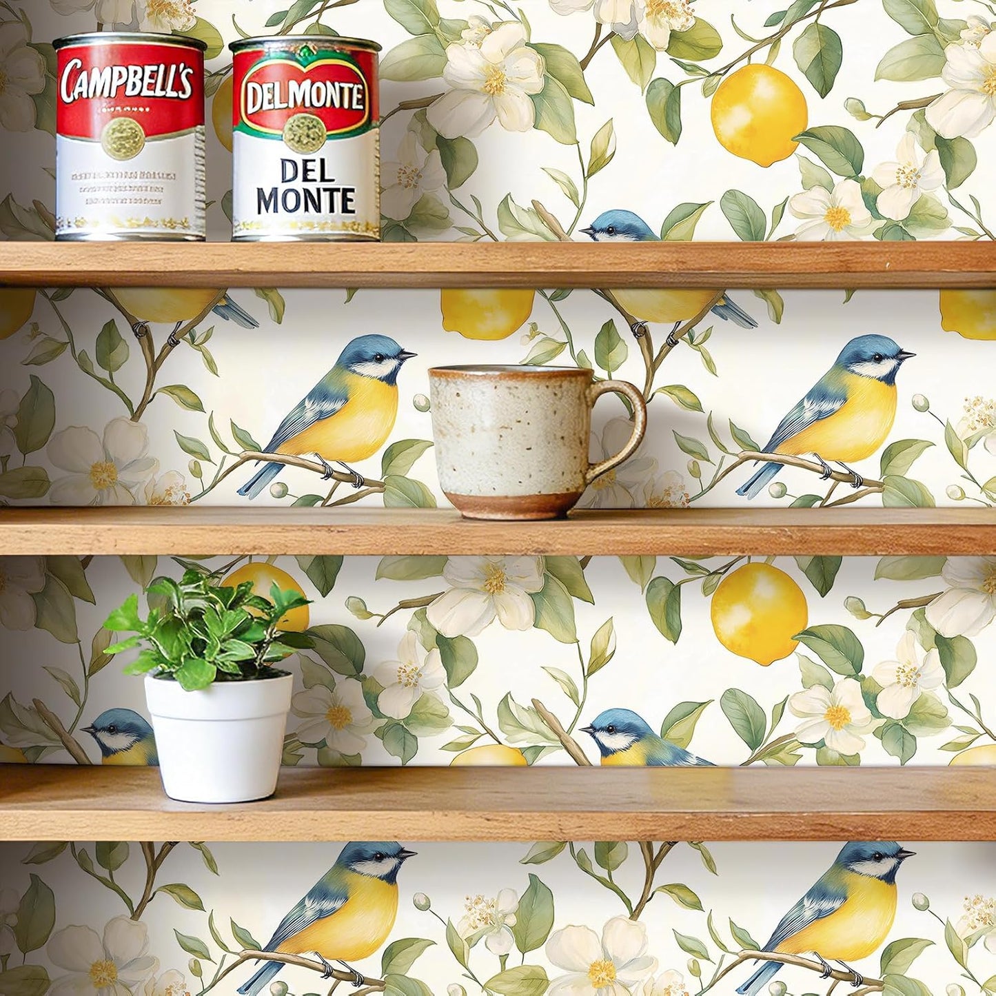 Lemon Wallpaper Peel and Stick Watercolor Yellow Citrus Floral Bird Self Adhesive Contact Paper for Cabinets Shelves Drawer Liner Pantry Coffee Bar Accent Space Easy Install 17.5in x 10ft