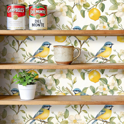 Lemon Wallpaper Peel and Stick Watercolor Yellow Citrus Floral Bird Self Adhesive Contact Paper for Cabinets Shelves Drawer Liner Pantry Coffee Bar Accent Space Easy Install 17.5in x 10ft