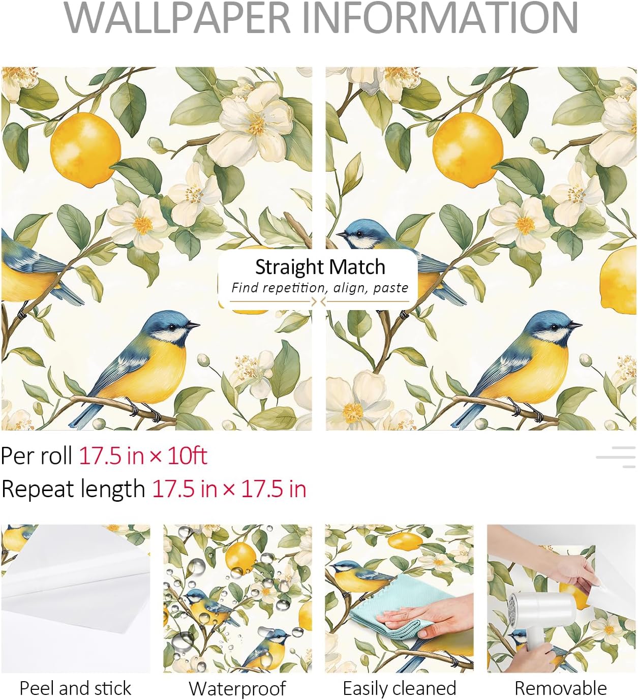 Lemon Wallpaper Peel and Stick Watercolor Yellow Citrus Floral Bird Self Adhesive Contact Paper for Cabinets Shelves Drawer Liner Pantry Coffee Bar Accent Space Easy Install 17.5in x 10ft