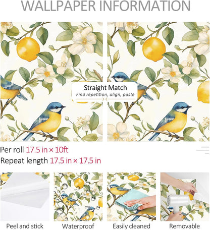 Lemon Wallpaper Peel and Stick Watercolor Yellow Citrus Floral Bird Self Adhesive Contact Paper for Cabinets Shelves Drawer Liner Pantry Coffee Bar Accent Space Easy Install 17.5in x 10ft