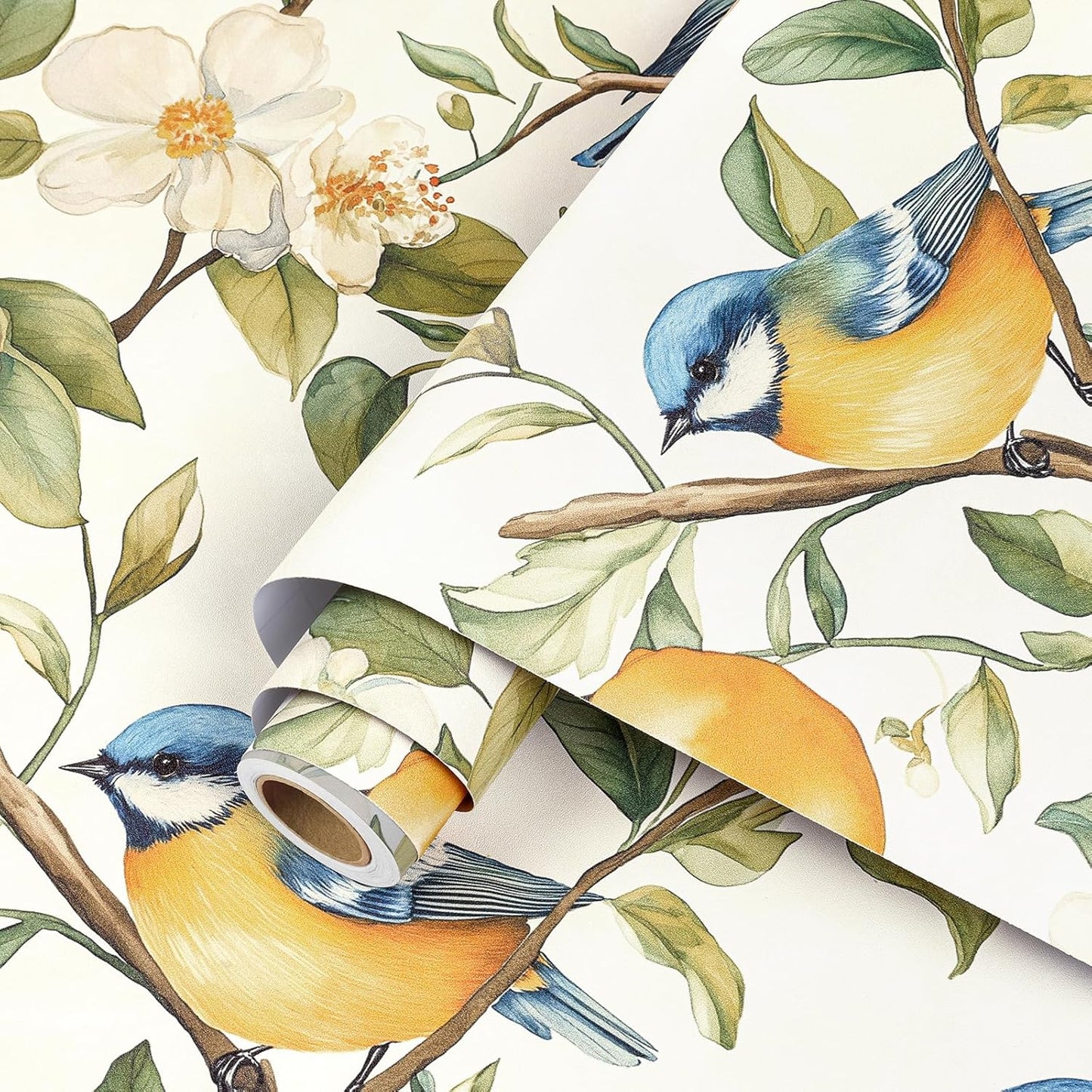 Lemon Wallpaper Peel and Stick Watercolor Yellow Citrus Floral Bird Self Adhesive Contact Paper for Cabinets Shelves Drawer Liner Pantry Coffee Bar Accent Space Easy Install 17.5in x 10ft
