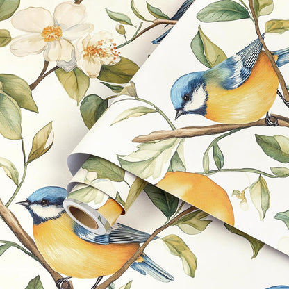Lemon Wallpaper Peel and Stick Watercolor Yellow Citrus Floral Bird Self Adhesive Contact Paper for Cabinets Shelves Drawer Liner Pantry Coffee Bar Accent Space Easy Install 17.5in x 10ft