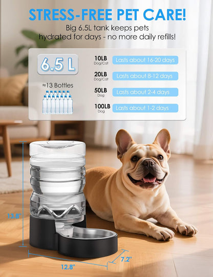 1.7 Gallon Automatic Dog Water Dispenser (6.5L-Black) | Wide Mouth, Easy Clean/ Removable Stainless Steel Bowl/ Gravity Refilling, Large Capacity for Cats and Small Medinum Dogs
