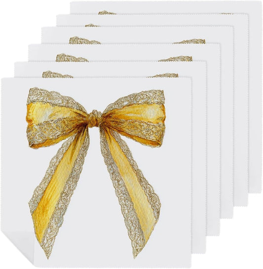 Watercolor Yellow Lace Bow Cloth Napkins Set of 6, Square Premium Reusable Washable Polyester Table Linen Napkin for Dinner Party
