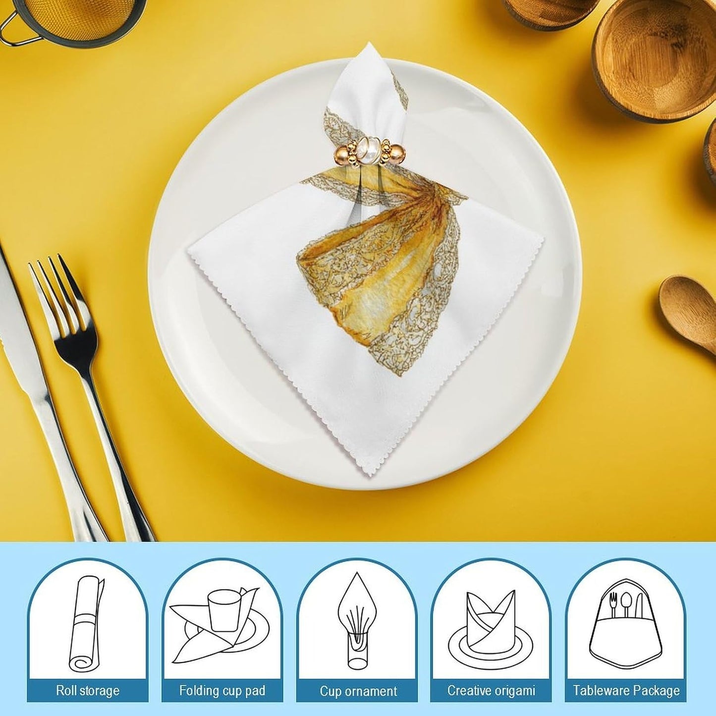 Watercolor Yellow Lace Bow Cloth Napkins Set of 6, Square Premium Reusable Washable Polyester Table Linen Napkin for Dinner Party