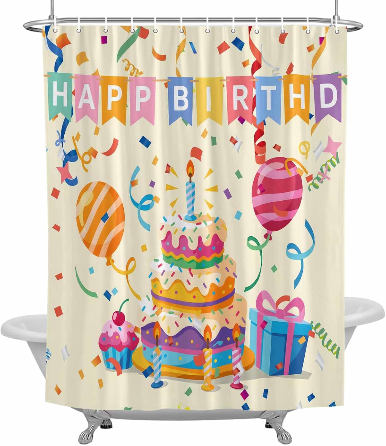 Shower Curtain Set with Hooks Happy Birthday Shower Curtain for Bathroom Decor Ribbon Cake Gift Balloon Modern Style Waterproof Polyester Fabri Shower Curtains Bath Curtain Set 54x78 Inch